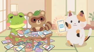 複雑なSuicaチャージルートに疲れて倒れているカエルン（カエル）とタヌピ（タヌキ）に、スマホでシンプルな解決策を教えるFPマッピー（モバイルSuicaチャージのアイキャッチ画像）