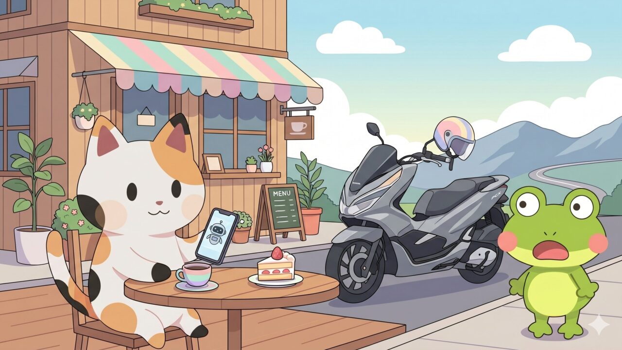 ツーリング途中のカフェでAI搭載のスマホを見ながらリラックスする三毛猫（マッピー）と、ツーリング用のスクーター（PCX）のイラスト（FIRE後の充実した過ごし方と幸せな時間の使い方のアイキャッチ画像）