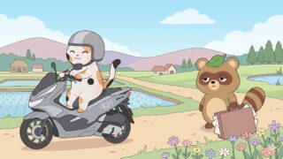 晴れた田舎道をスクーターで心地よく走るマッピー（三毛猫）と、重いカバンを持って疲れ切っているタヌピ（タヌキ）の対比（人生をゆるく生きる方法と幸せな暮らしのアイキャッチ画像）