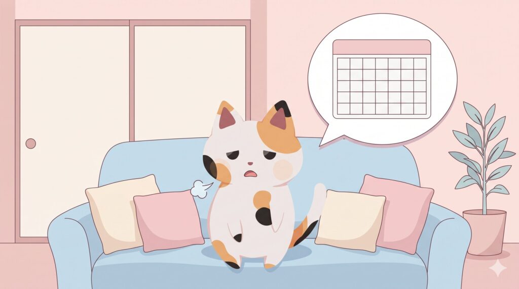 FIRE後にやることがなく、ソファでため息をつく暇そうなマッピー（三毛猫）