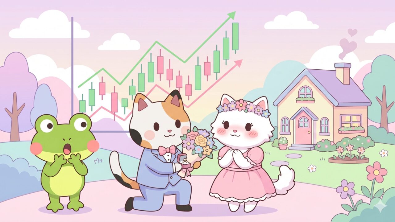 スーツ姿で雌猫にプロポーズするマッピー（三毛猫）と、背景にある右肩上がりの株価チャートと幸せな家のイメージ（FIREと結婚の両立アイキャッチ画像）