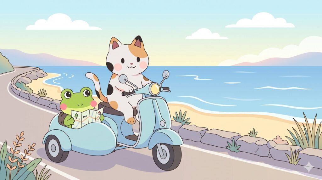 自由な時間を使って、海沿いの道をスクーター（サイドカー付き）で楽しくツーリングするマッピー（三毛猫）とカエルン（カエル）