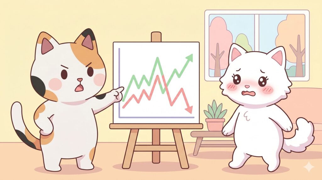 株価チャートを熱く語るマッピー（三毛猫）と、ドン引きして後ずさりする雌猫
