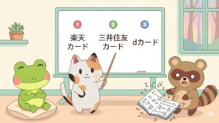 ワイトボードで楽天カード、三井住友カード、dカードの選択肢を教えるマッピー（三毛猫）と、ポイ活の複雑な計算ノートを落として絶望するタヌピ（タヌキ）（マネックスカード改悪とクレカ積立比較のアイキャッチ画像）