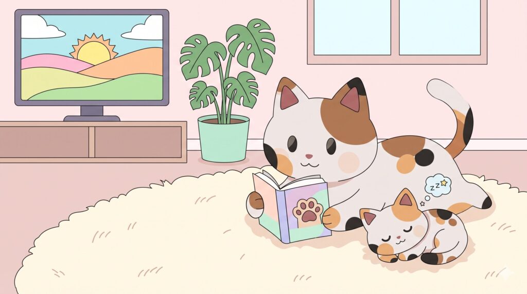 ふかふかのラグの上で読書をしながら、ミニマッピー（子猫）と一緒にのんびりとお家時間を楽しむマッピー（三毛猫）