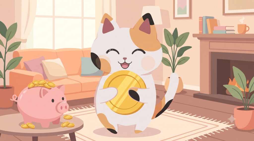 毎月のスマホ代を劇的に削減できて、浮いたお金で笑顔になる三毛猫のマッピー
