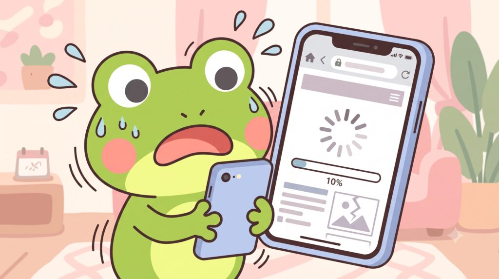 外出先でスマホの通信速度が遅くなり、画面が進まずに焦っているカエル（カエルン）のイラスト