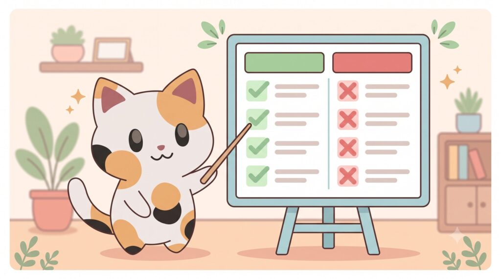 黒板のチェックリストを指し示しながら、格安SIMがおすすめな人とそうでない人の特徴を整理するミニマッピー（子猫）
