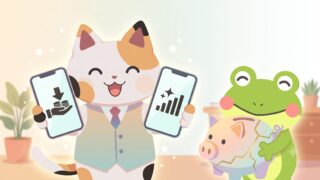 スマホの月額料金の高さに悩むカエル（カエル）と、格安SIMの最適な組み合わせを提案して笑顔になる三毛猫のマッピー（格安SIMは最悪？メリット・デメリットのアイキャッチ画像）