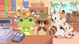 海外旅行先のお土産屋さんでクレジットカードが使えず焦るカエルン（カエル）とその様子を見るタヌピ（タヌキ）、優しくアドバイスするマッピー（三毛猫）先生とミニマッピー（子猫）（アイキャッチ画像）