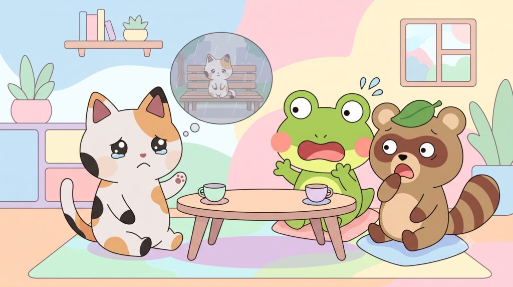 周囲で起きた投資詐欺の恐ろしい実例を話すマッピー（三毛猫）と、ショックを受けるカエルン（カエル）とタヌピ（タヌキ）