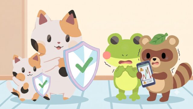 スマホの怪しい高利回り投資の画面を見て怯えるカエルン達を、盾を持って守るマッピー先生（三毛猫）