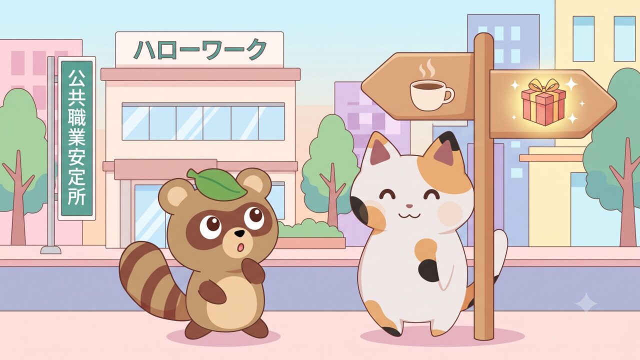 ハローワークの前で、失業保険でゆっくり休むか、再就職手当で早期にお祝い金をもらうかの2つの道を見上げて選ぶタヌキ（タヌピ）と、優しくアドバイスする三毛猫のマッピー（三毛猫）（失業保険と再就職手当の比較アイキャッチ画像）