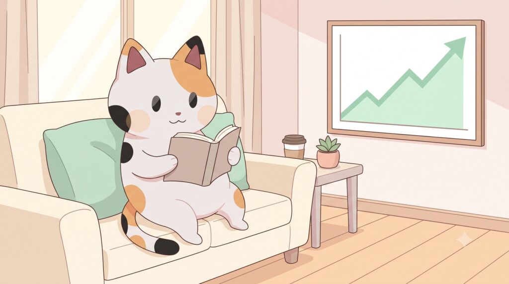 資産が増えていくグラフを背景に、ソファでリラックスしながら読書を楽しむマッピー（三毛猫）