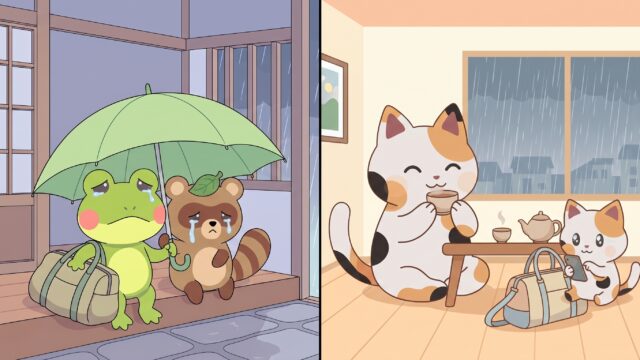 大雨の旅行を延期して自宅でくつろぐマッピーたちと、予定を変えられず困惑するカエルンたち（4コマ漫画第7話アイキャッチ画像）