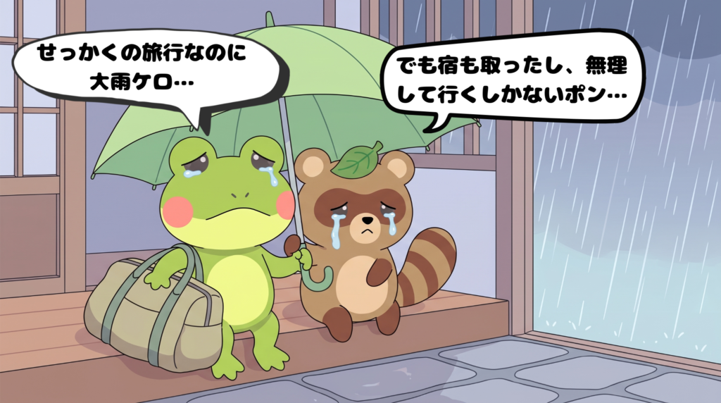 大雨の中、キャンセル料や宿を気にして泣く泣く旅行に出発しようとするカエルンとタヌピ（4コマ漫画1コマ目）