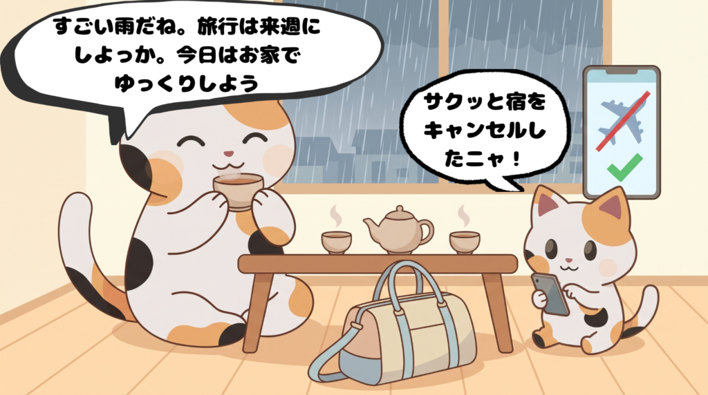 悪天候のためスマホで宿をサクッとキャンセルし、来週に予定を変更するマッピーとミニマッピー（4コマ漫画2コマ目）