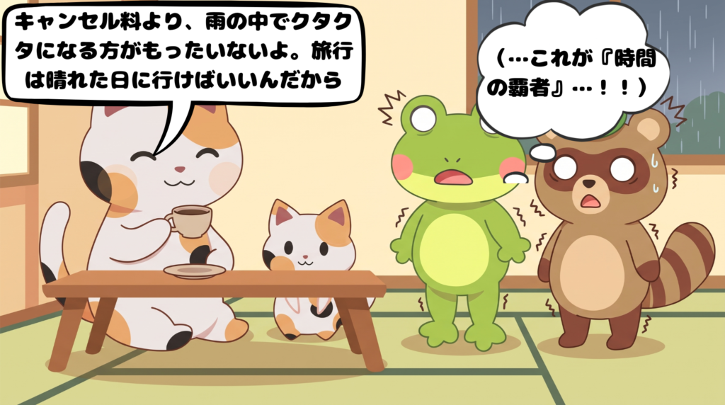 キャンセル料よりも疲れる方がもったいないと語るマッピーの言葉に、カルチャーショックを受けるカエルンとタヌピ（4コマ漫画4コマ目）