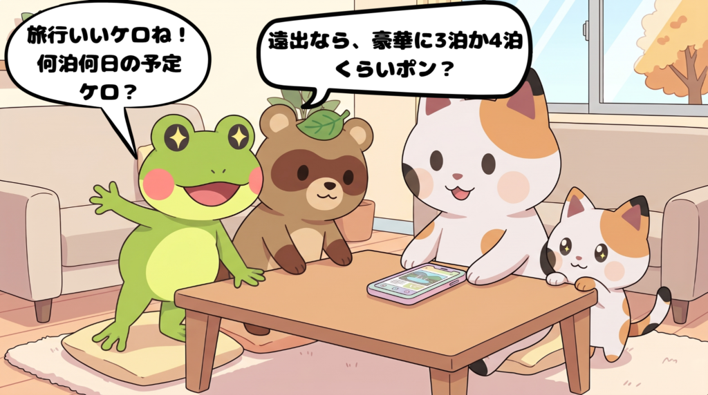 マッピー達の旅行日程をワクワクしながら聞くカエルンとタヌピ(4コマ漫画2コマ目)