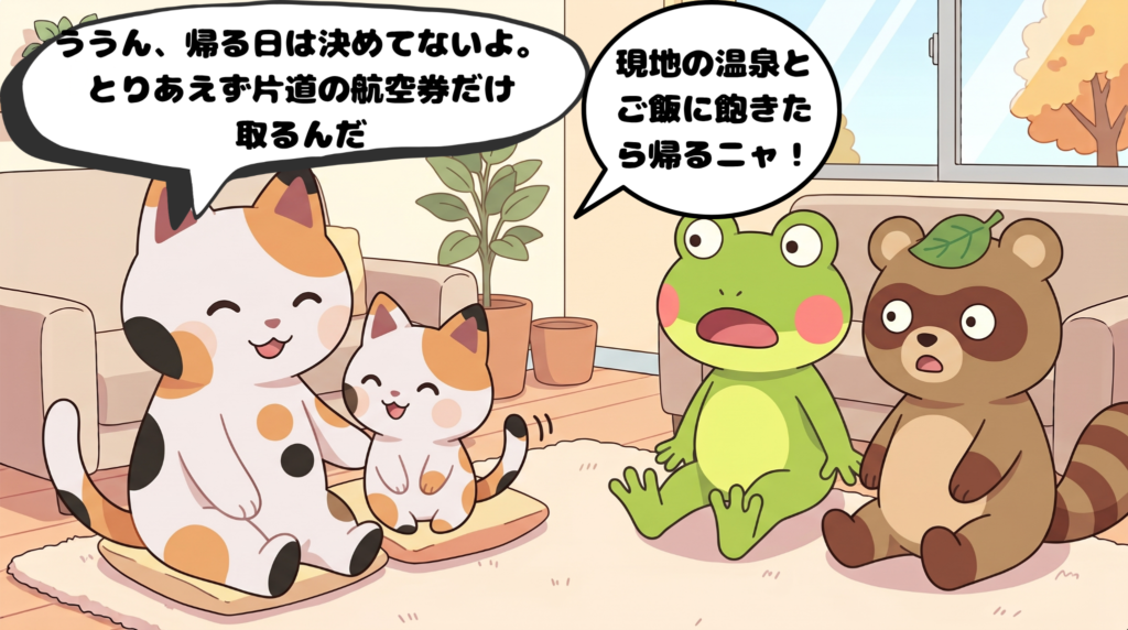 帰る日を決めず片道航空券だけ購入したと笑顔で話すマッピー達(4コマ漫画3コマ目)