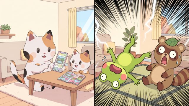 帰る日を決めず片道切符で温泉旅行へ向かうマッピー達に驚くカエルン達（4コマ漫画第8話アイキャッチ画像）