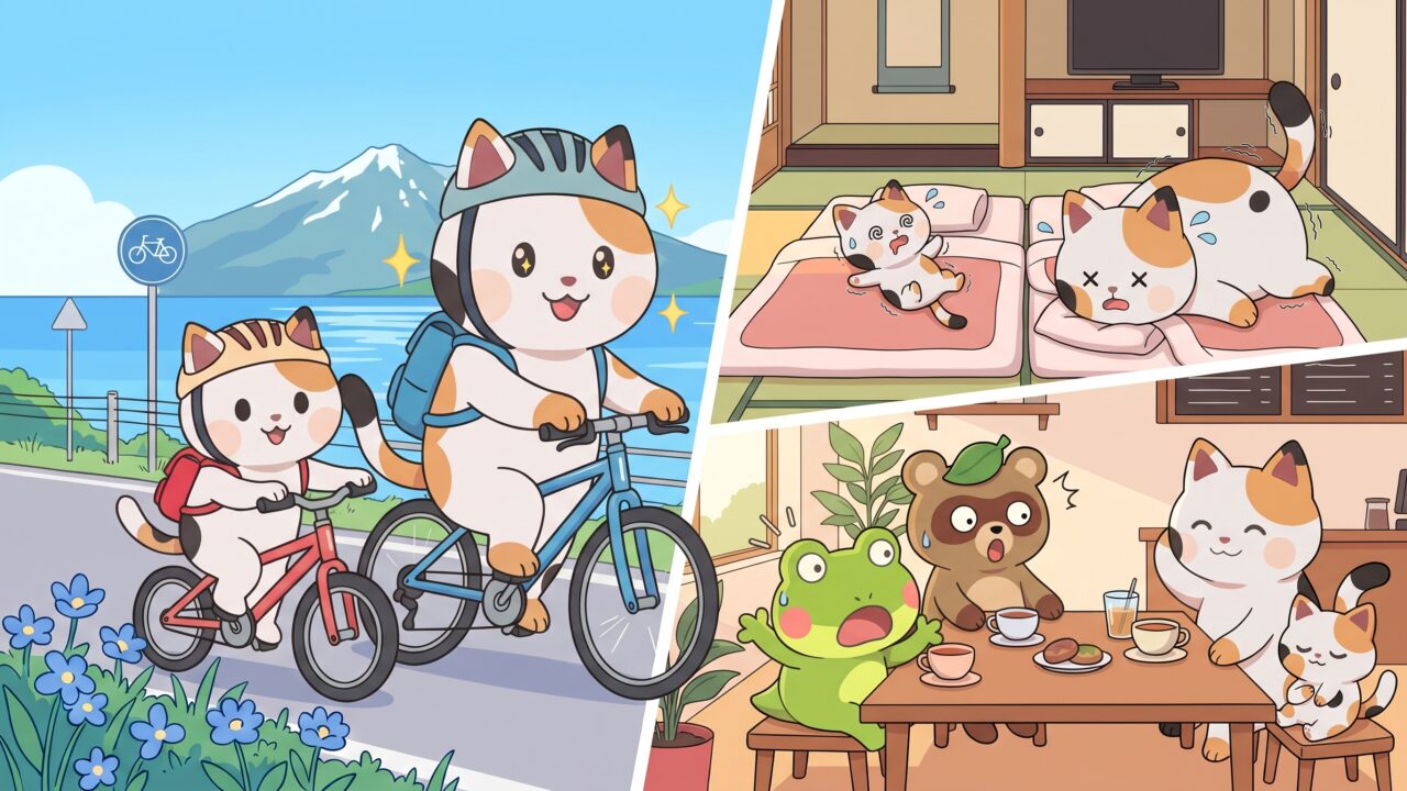 利尻島を自転車で走るマッピーたちと、翌日に宿で休んだ出来事を描く4コマ漫画第9話