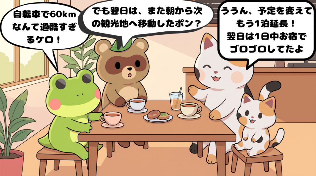 旅のあと、カフェで利尻島のサイクリングと翌日の休息について話すマッピーたち