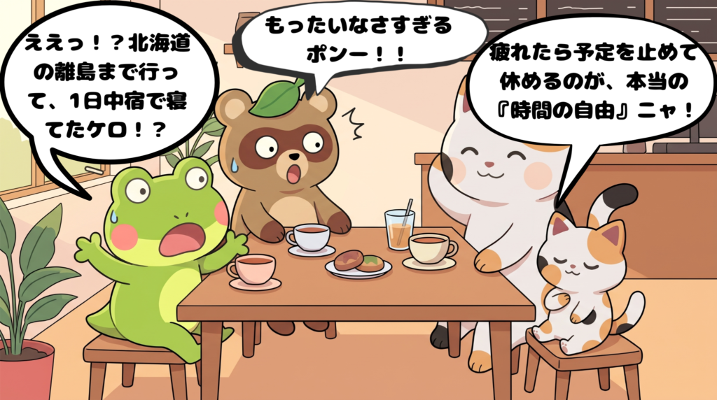 宿で一日休んだと聞いて驚くカエルンとタヌピ、時間の自由を語るミニマッピー