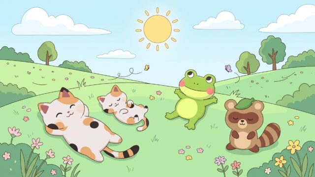 時間を気にせず、緑の丘でのんびりと自由を満喫するマッピーたち（アイキャッチ画像）
