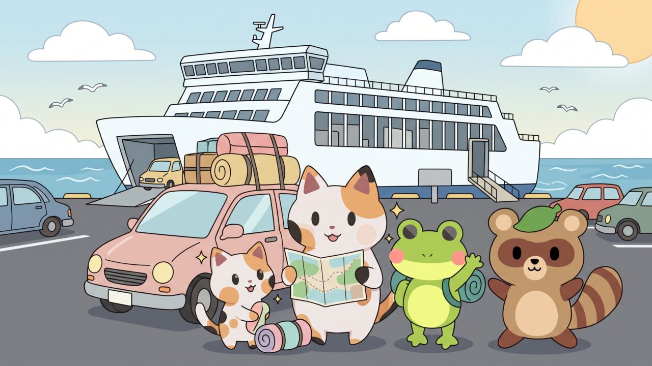 大型フェリーとマイカーの前で、地図や寝袋を持って北海道車旅に出発するマッピーたち（アイキャッチ画像
