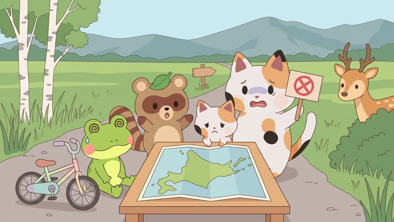 北海道の地図を見ながら、宿探しや自転車、動物の飛び出しなどのトラブルに驚くマッピーたち（アイキャッチ画像）
