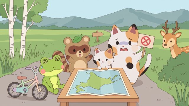 北海道の地図を見ながら、宿探しや自転車、動物の飛び出しなどのトラブルに驚くマッピーたち（アイキャッチ画像）